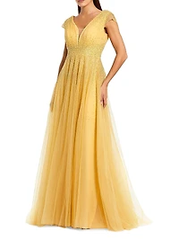 Embellished Tulle Cap-Sleeve A-Line Gown