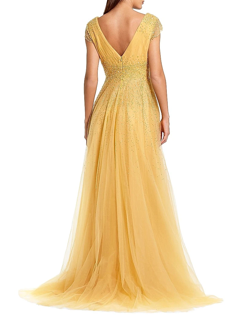 Embellished Tulle Cap-Sleeve A-Line Gown
