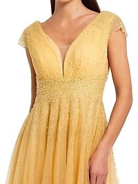 Embellished Tulle Cap-Sleeve A-Line Gown