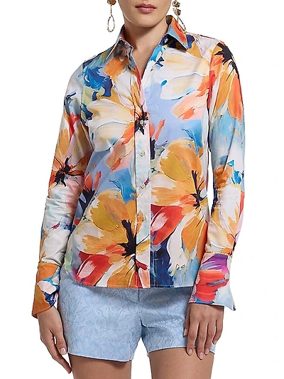 Priscilla Floral Stretch Cotton Button-Front Shirt