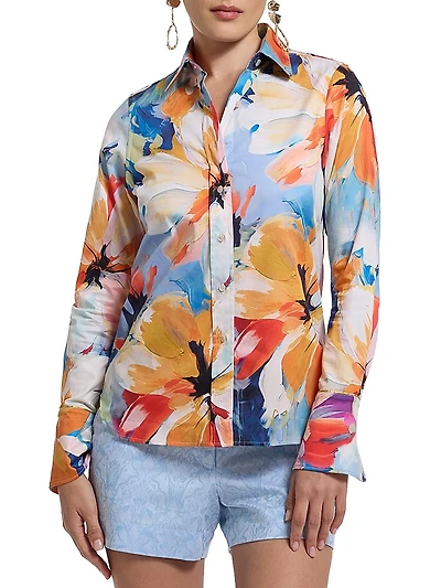 Priscilla Floral Stretch Cotton Button-Front Shirt
