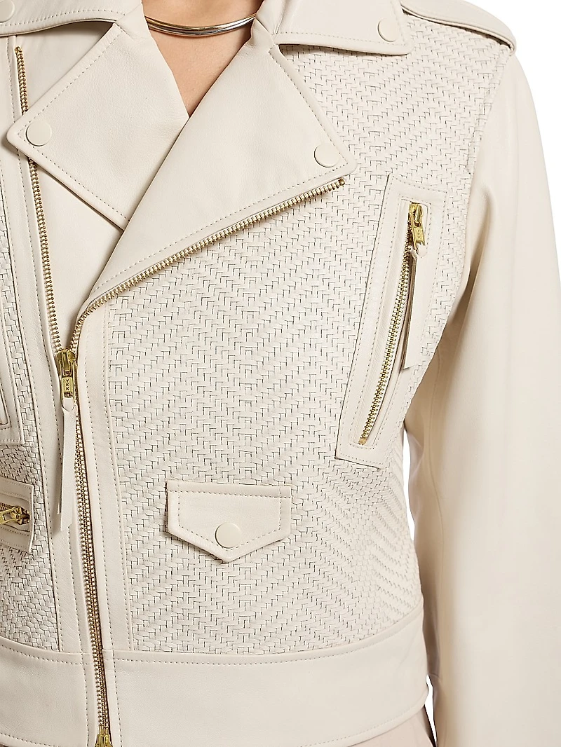 Clara Chevron-Woven Leather Moto Jacket