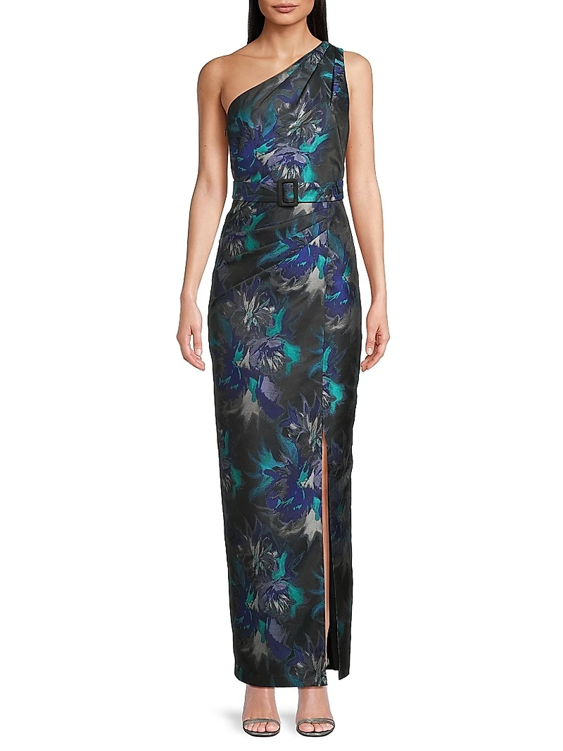 Floral Jacquard Belted One-Shoulder Gown