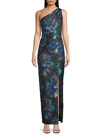 Floral Jacquard Belted One-Shoulder Gown