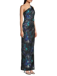 Floral Jacquard Belted One-Shoulder Gown