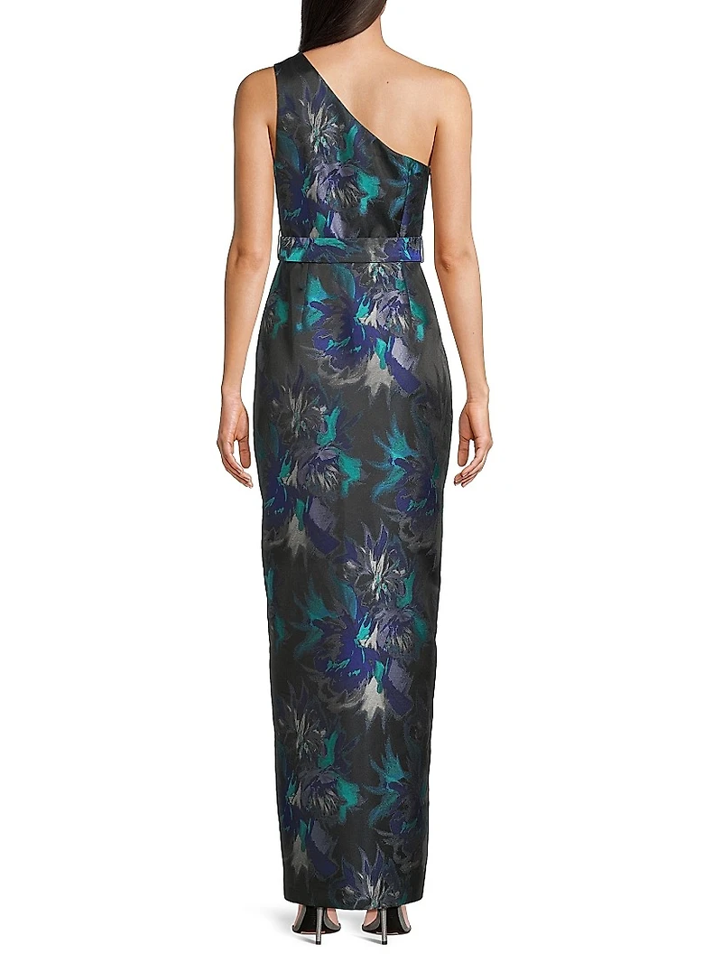Floral Jacquard Belted One-Shoulder Gown