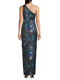 Floral Jacquard Belted One-Shoulder Gown