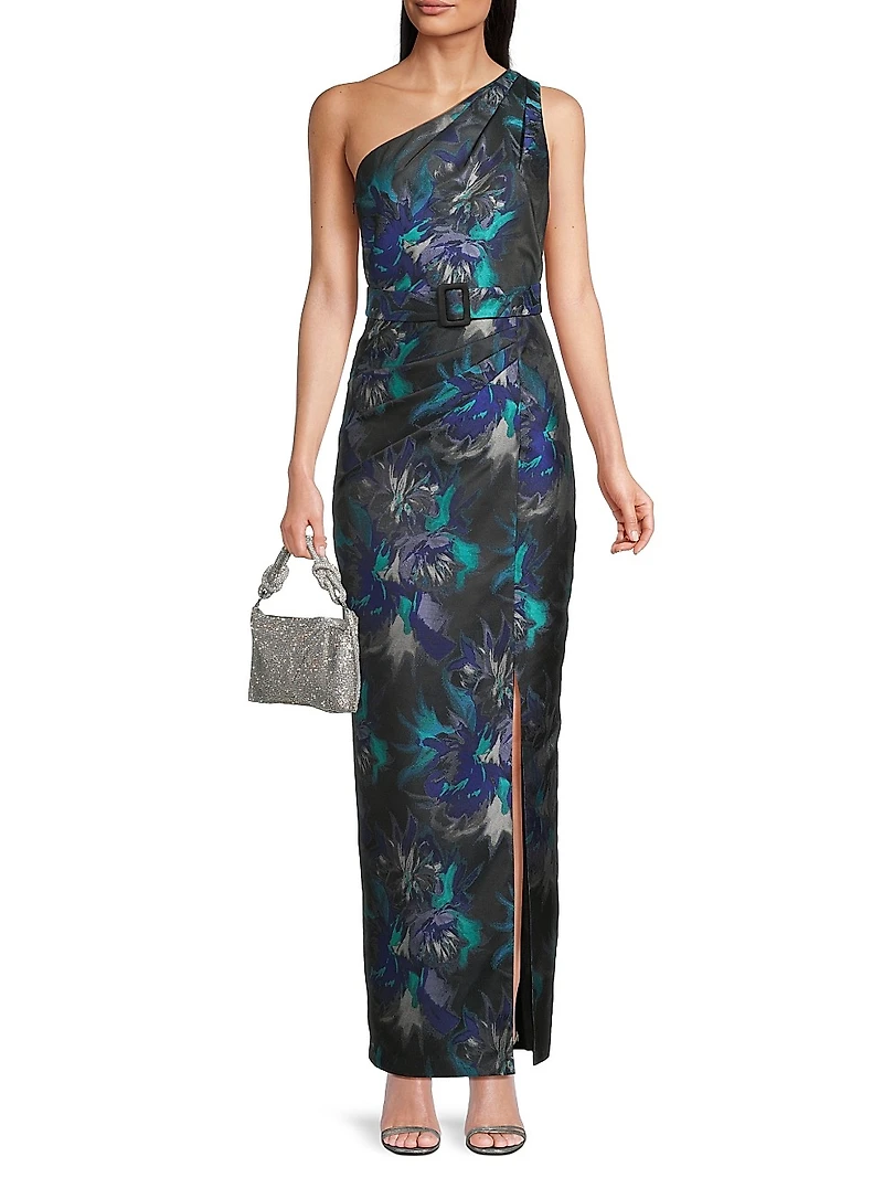Floral Jacquard Belted One-Shoulder Gown