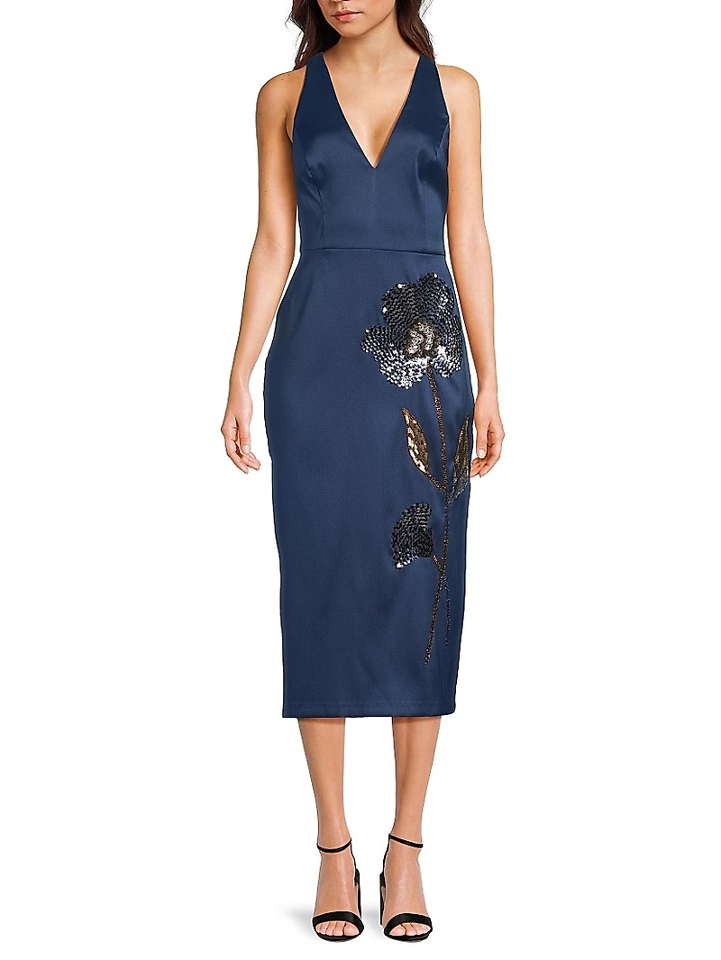 Floral Embellished Sheath Cocktail Dress