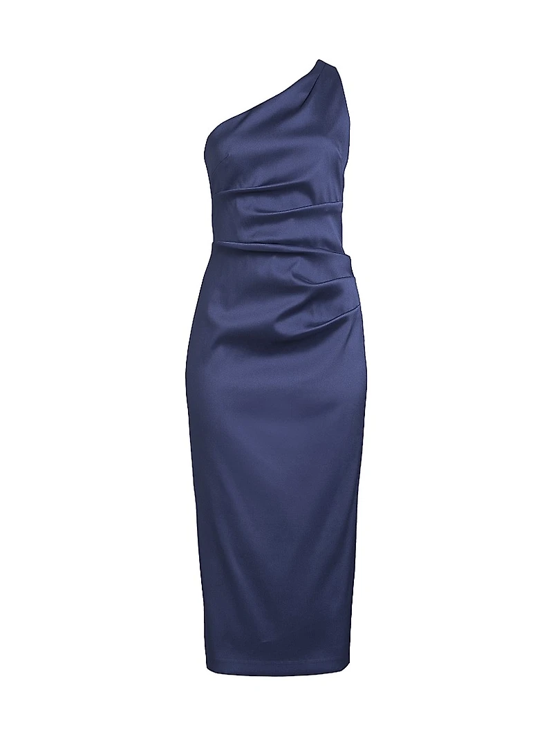 Satin Gathered One-Shoulder Sheath Cocktail Dress