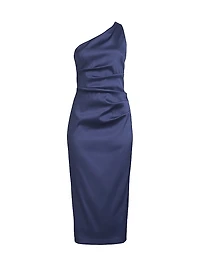 Satin Gathered One-Shoulder Sheath Cocktail Dress