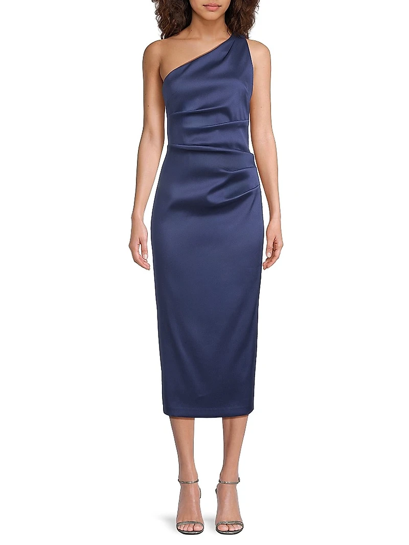 Satin Gathered One-Shoulder Sheath Cocktail Dress