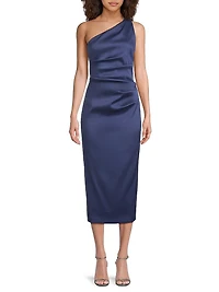 Satin Gathered One-Shoulder Sheath Cocktail Dress