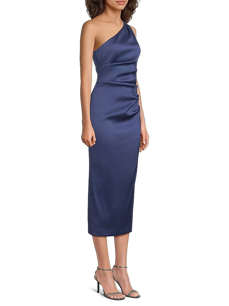 Satin Gathered One-Shoulder Sheath Cocktail Dress
