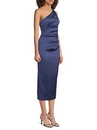 Satin Gathered One-Shoulder Sheath Cocktail Dress