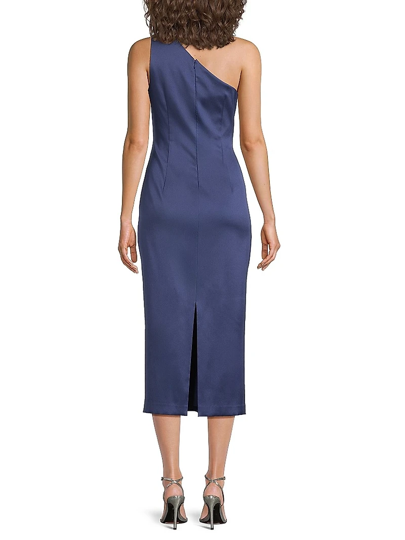Satin Gathered One-Shoulder Sheath Cocktail Dress