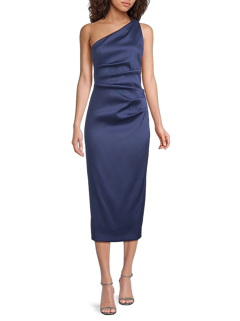 Satin Gathered One-Shoulder Sheath Cocktail Dress