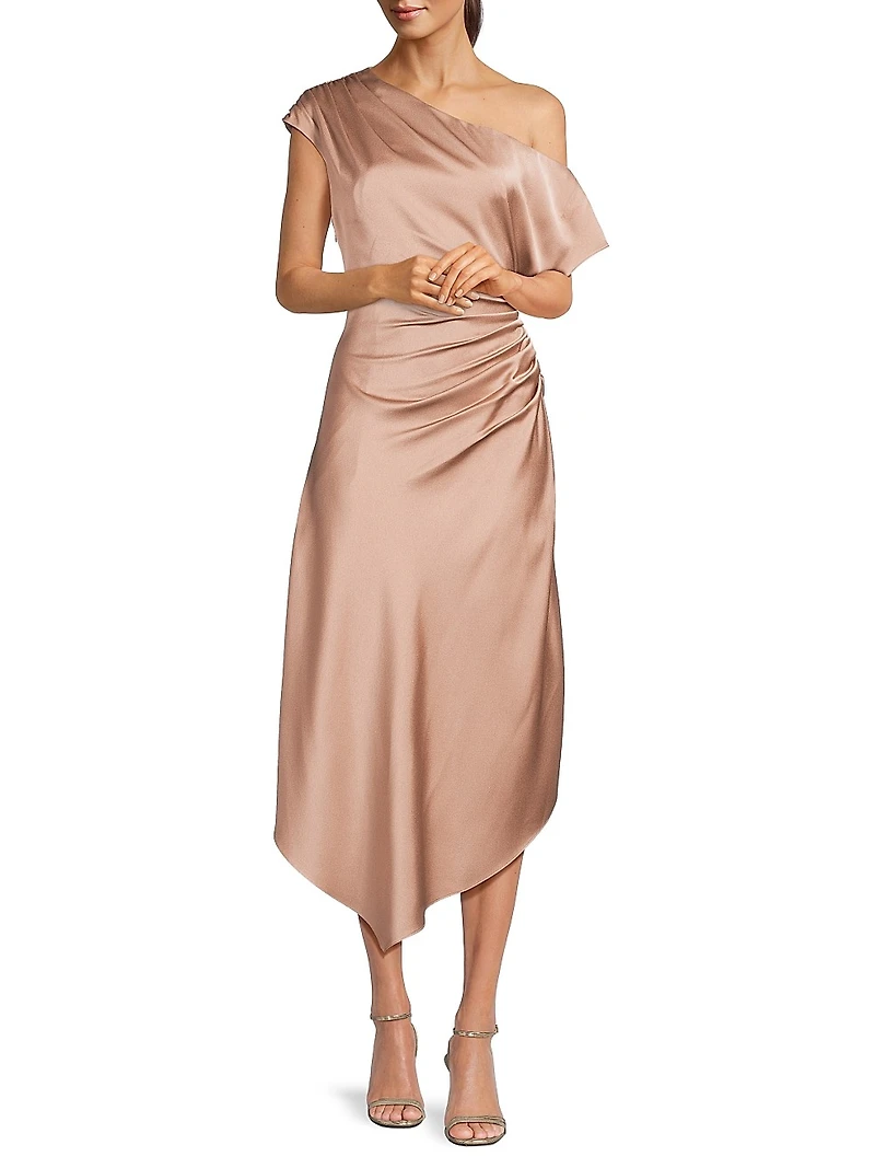 Satin Gathered Asymmetric Cocktail Dress