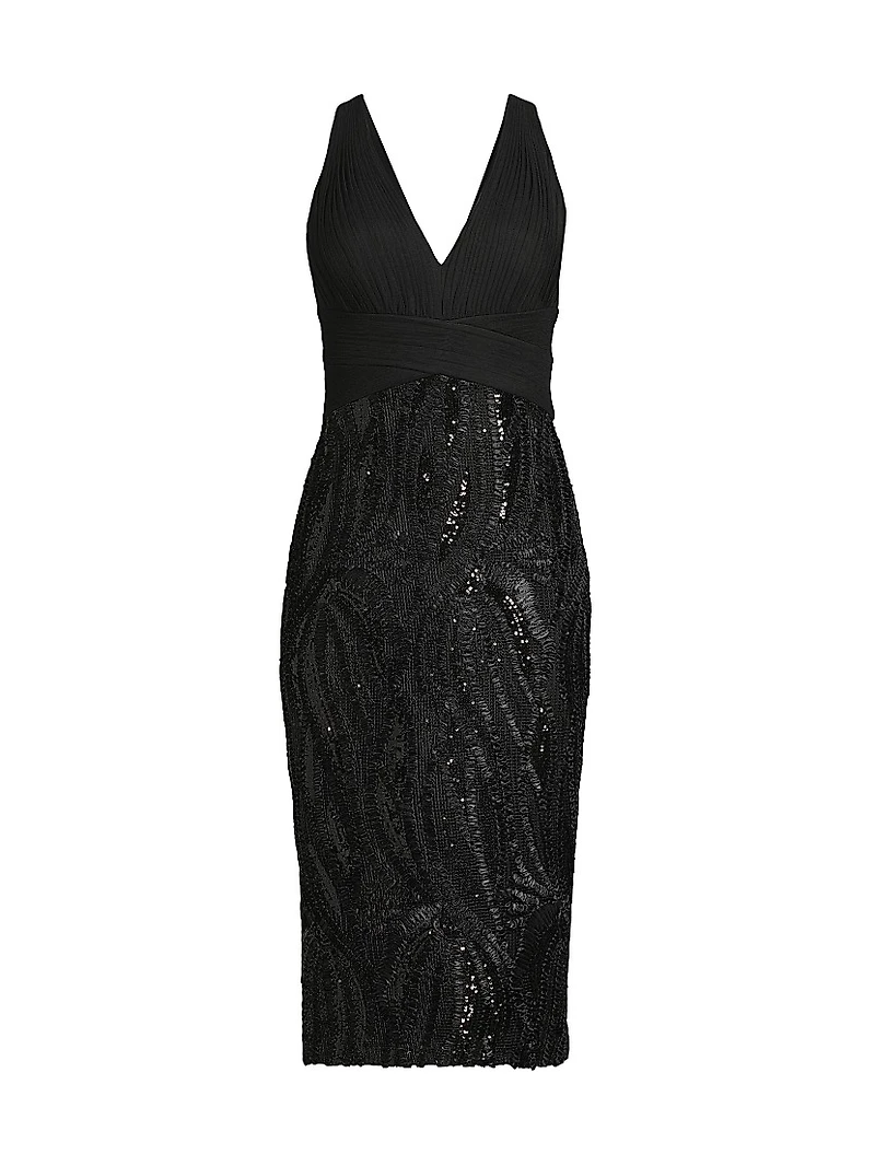 Embellished Mix Media Sheath Cocktail Dress