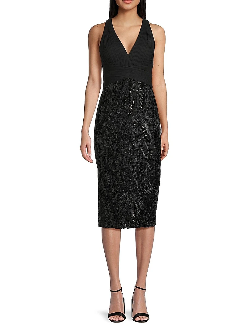Embellished Mix Media Sheath Cocktail Dress