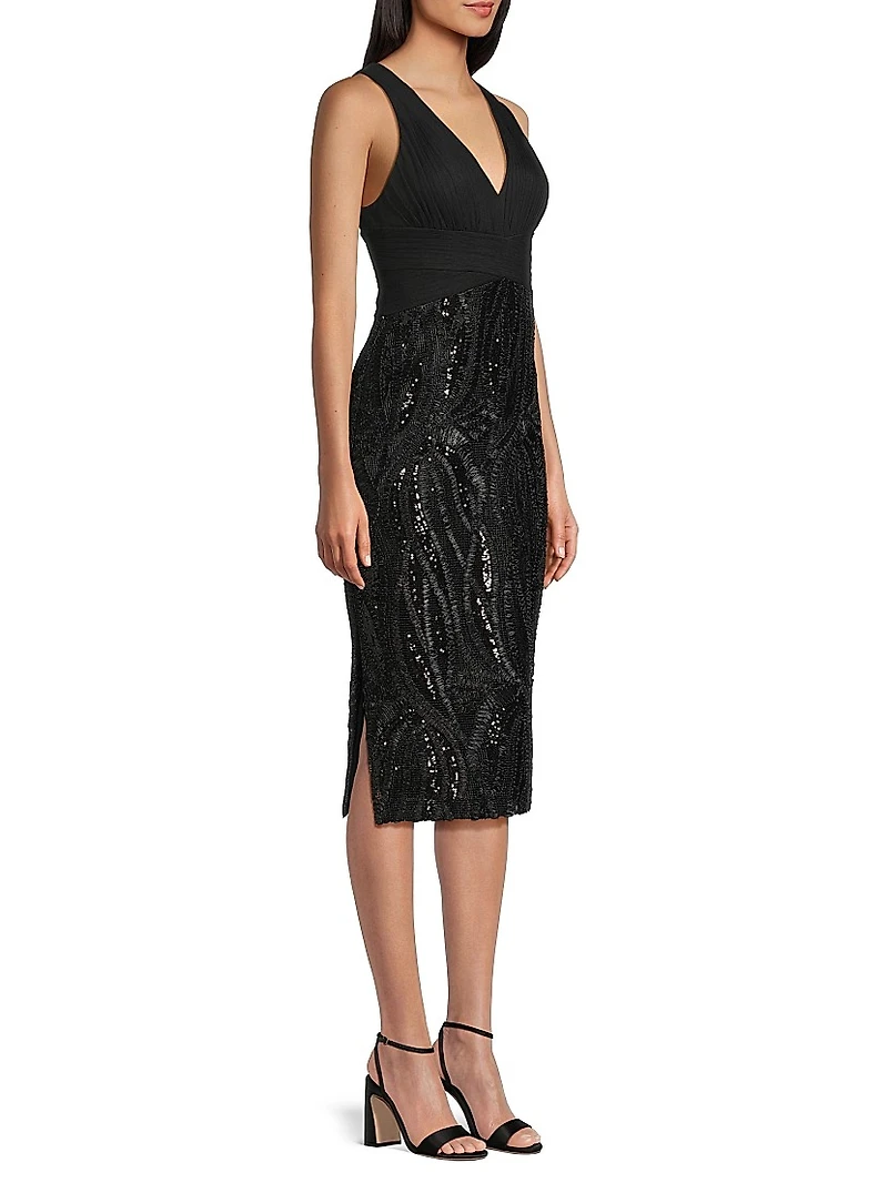 Embellished Mix Media Sheath Cocktail Dress