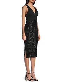 Embellished Mix Media Sheath Cocktail Dress