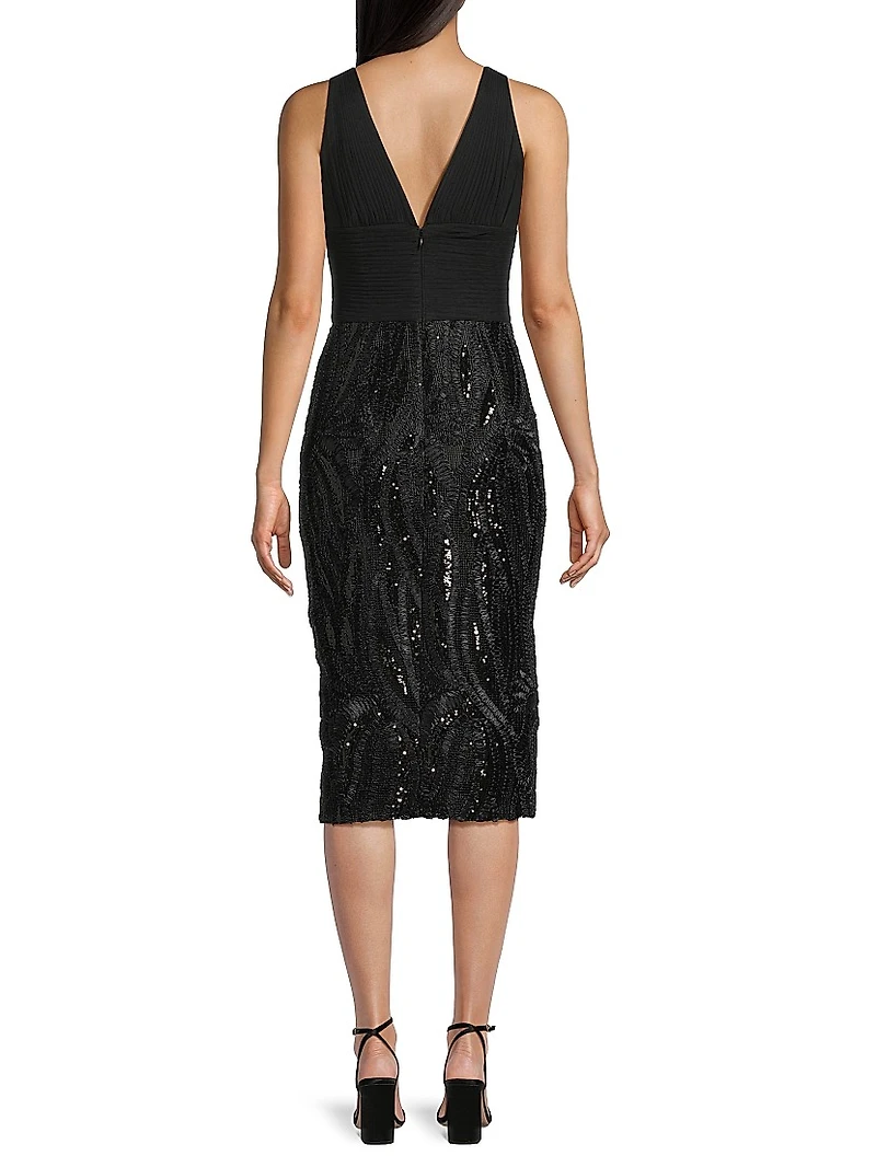 Embellished Mix Media Sheath Cocktail Dress