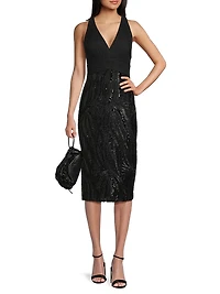 Embellished Mix Media Sheath Cocktail Dress
