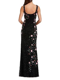 Evening Embellished Floral Scoopneck Gown