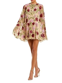 Cocktail Embellished Floral Mesh Cape Minidress