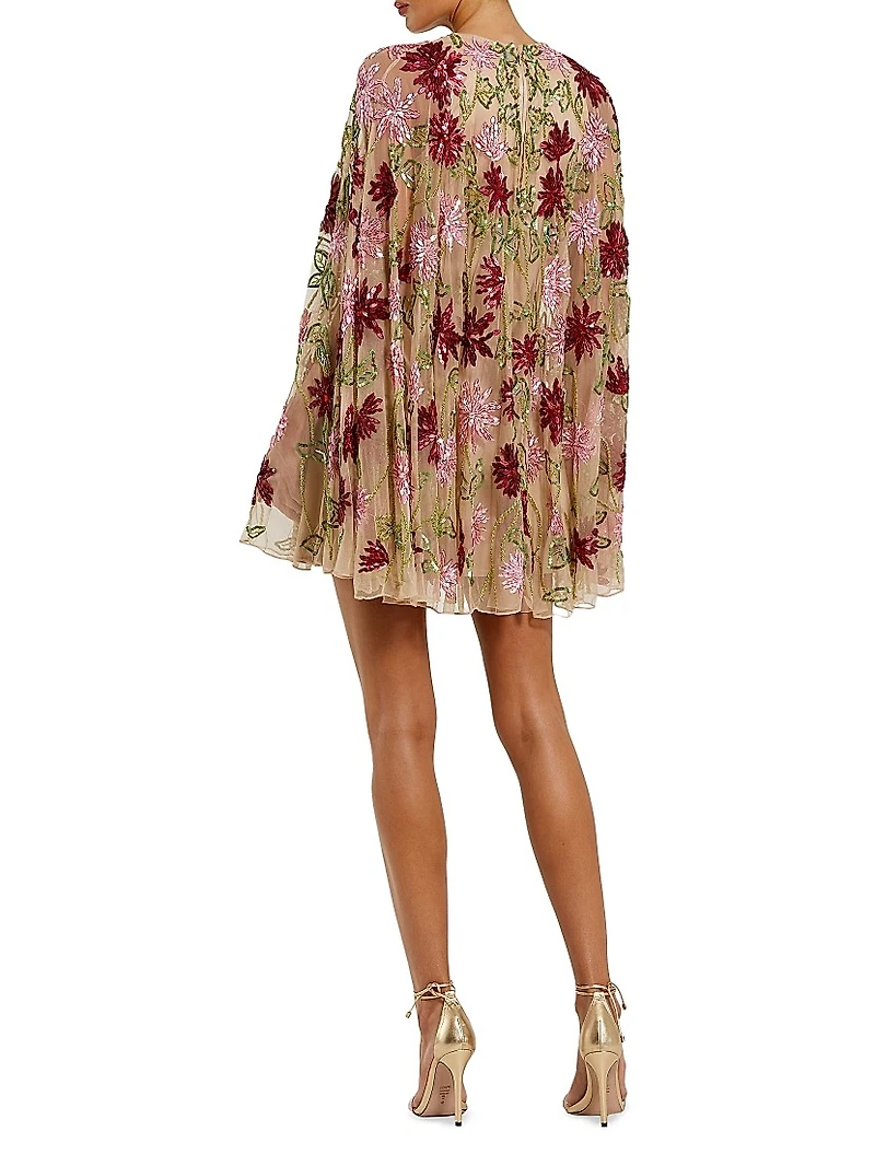 Cocktail Embellished Floral Mesh Cape Minidress
