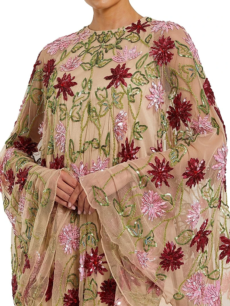 Cocktail Embellished Floral Mesh Cape Minidress