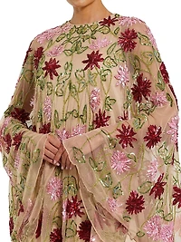 Cocktail Embellished Floral Mesh Cape Minidress