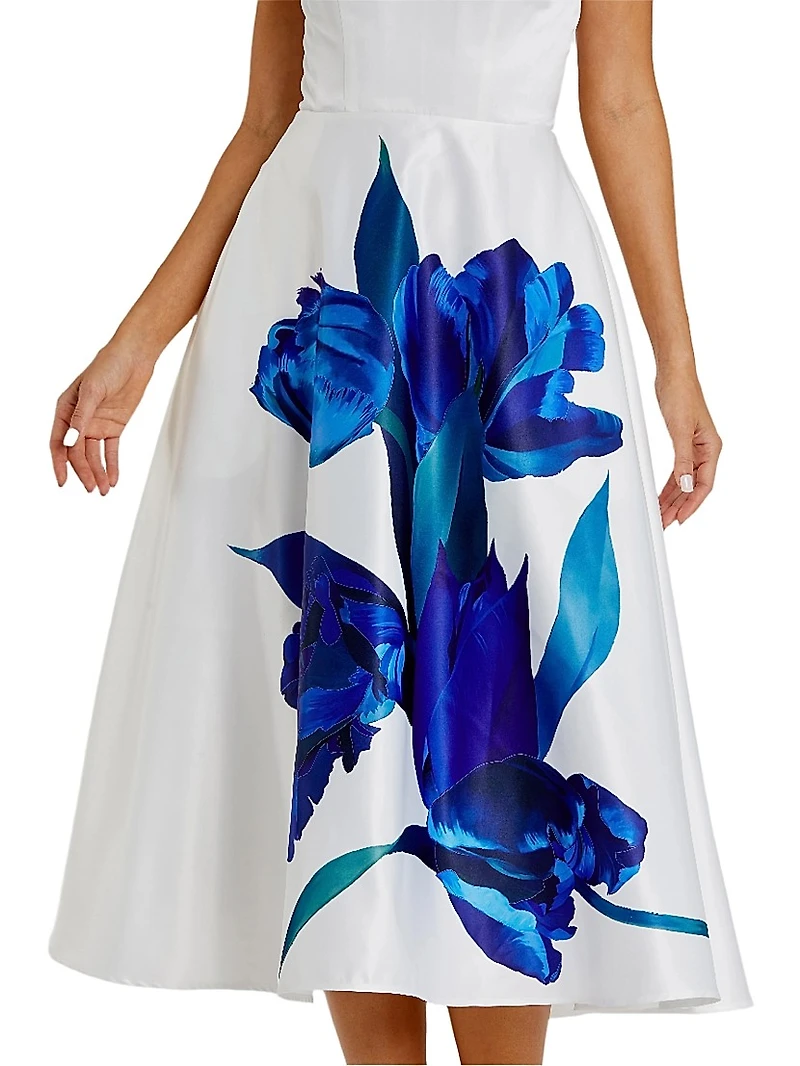 Cocktail Floral Satin Strapless Midi-Dress