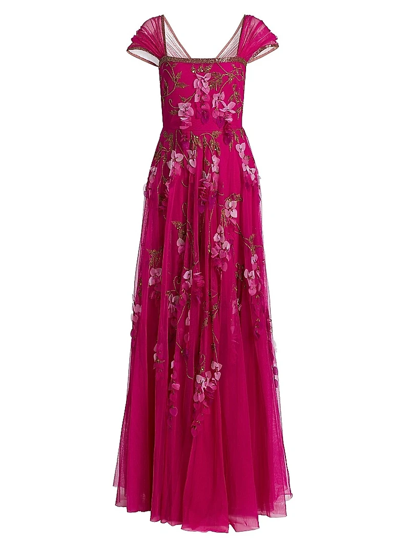 Giana Floral-Appliquéd & Beaded A-Line Gown