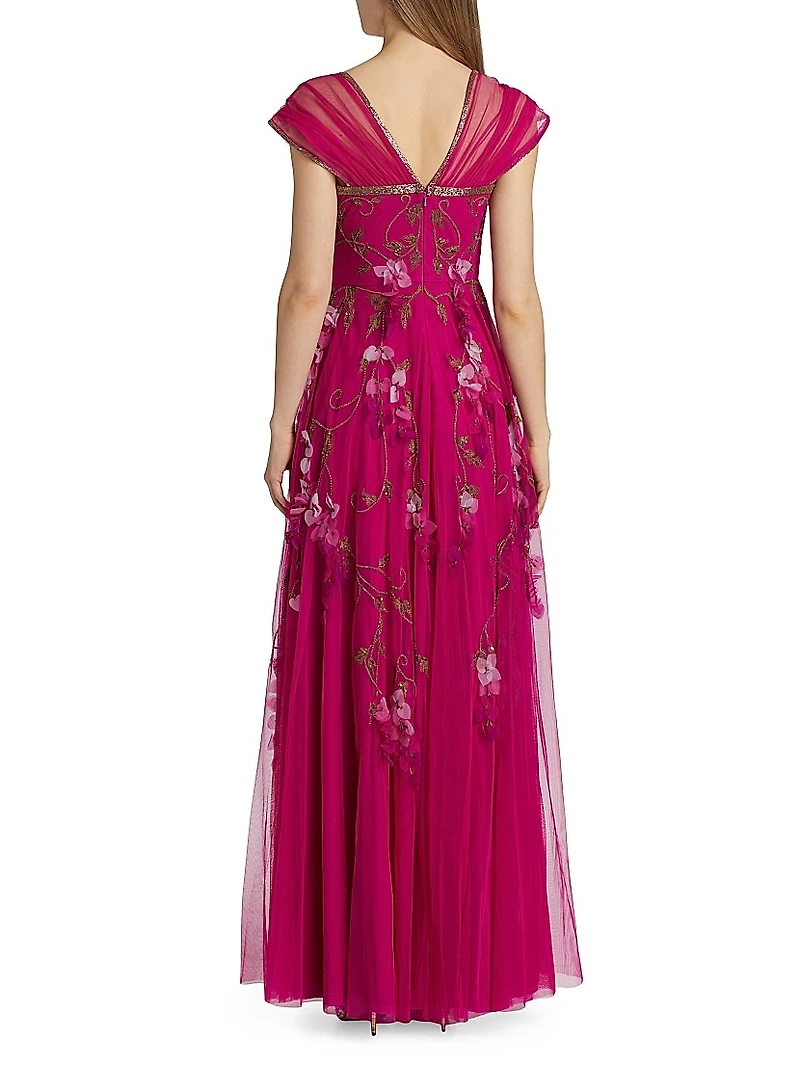 Giana Floral-Appliquéd & Beaded A-Line Gown