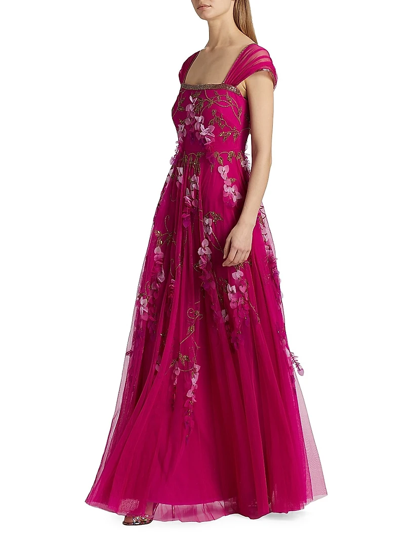 Giana Floral-Appliquéd & Beaded A-Line Gown