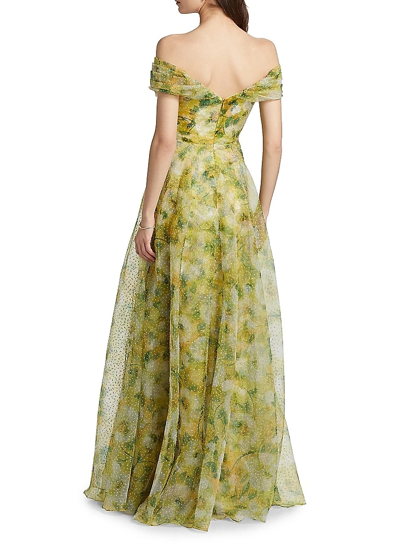 Ryan Floral Off-The-Shoulder A-Line Gown