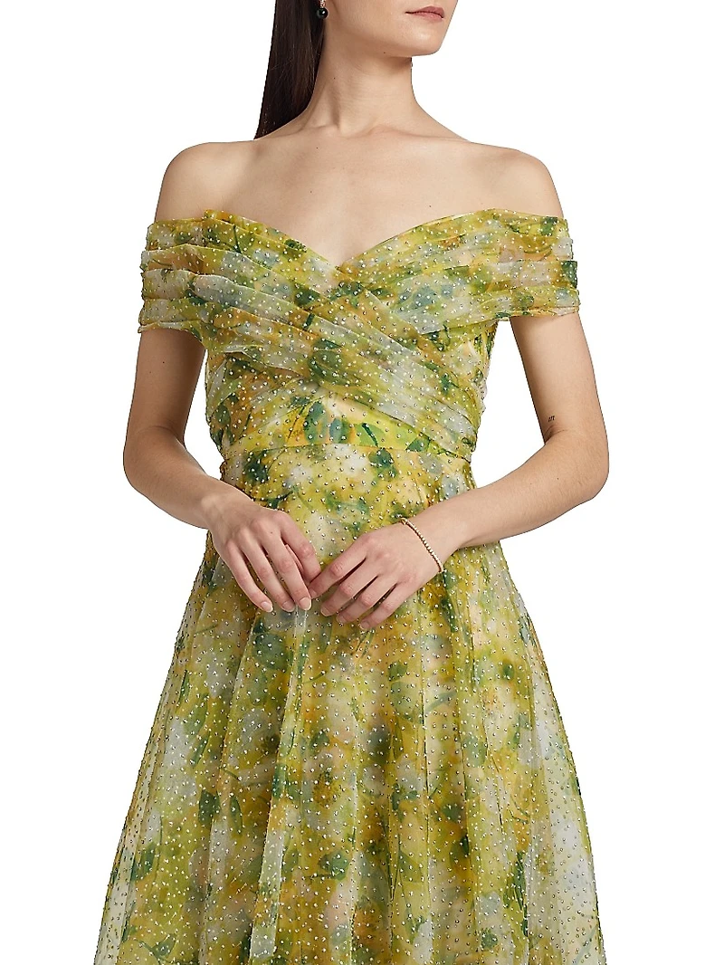 Ryan Floral Off-The-Shoulder A-Line Gown