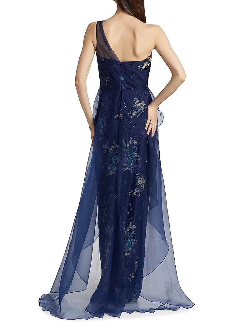 Noemi Floral One-Shoulder Column Gown