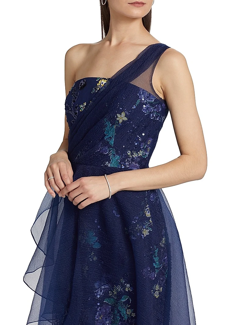 Noemi Floral One-Shoulder Column Gown