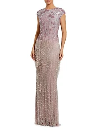 Evening Embellished Mesh Cap-Sleeve Gown