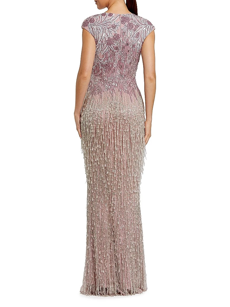 Evening Embellished Mesh Cap-Sleeve Gown