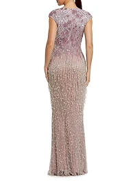 Evening Embellished Mesh Cap-Sleeve Gown