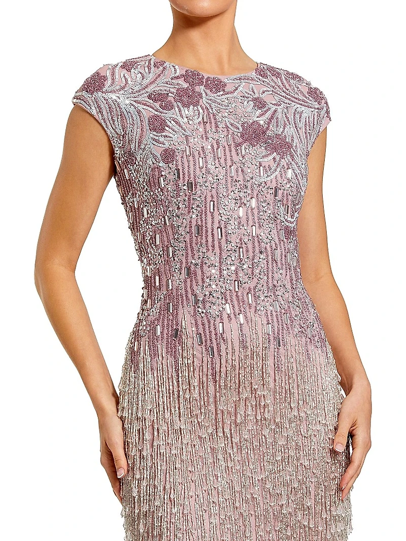 Evening Embellished Mesh Cap-Sleeve Gown