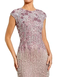 Evening Embellished Mesh Cap-Sleeve Gown