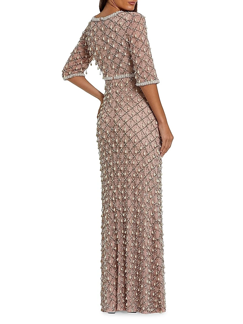 Evening Pearl Embellished Mesh Gown
