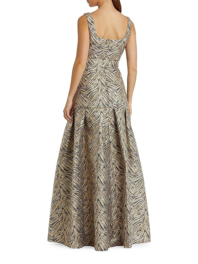 Evening Metallic Brocade Belted Gown