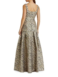 Evening Metallic Brocade Belted Gown