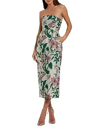 Floral Brocade Strapless Midi-Dress